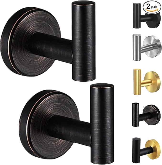 Kruodop Towel Hooks for Bathroom,2 Packs Wall Mount Towel Holder, Bronze Matte Wall Robe Hook,Stainless Steel Heavy Duty Door Hanger Towel Hook for Kitchen, Bedroom,Hotel,Pool,Coats
