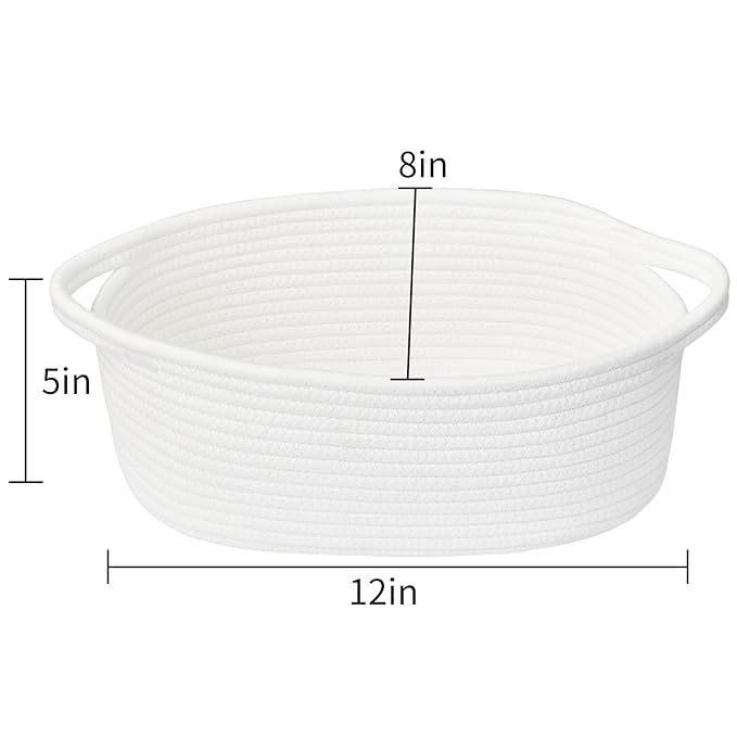 ABenkle Small Basket with Handles, Boho Decorative Rope Woven Dog Cat Toy Storage Bin Shelf Storage Organizer, Easter Christmas Gift Basket, 12"x8"x5", White