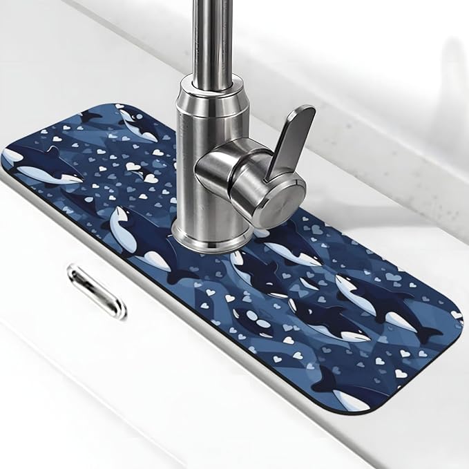 Blue Killer Whale Printed Faucet Absorbent mat, Suitable for bathrooms, Kitchens, and Other Sink Areas.
