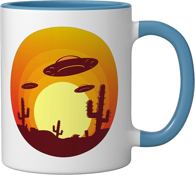 UFO Alien Abduction Conspiracy Vintage Nevada Desert Sunset Ceramic Mug, Blue/White