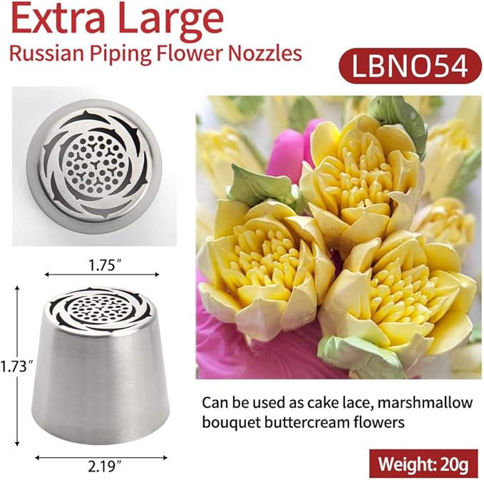 Extra Large Russian Piping Tip Set - 6 Stainless Steel Marshmallow Buttercream Framing Nozzles for 3D Roses Tulip Cake Decorations and Marshmallow Bouquets, Includes 1 Cleaning Brush(6E)