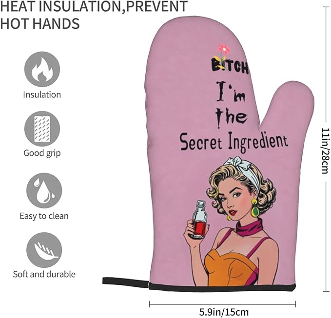 Oven Mitts of 2-Pack Set, Biich I Am The Secret Ingredient, Funny Kitchen Gloves Heat Resistant Non-Slip Kitchen Mitts Safe Cooking Baking Grilling