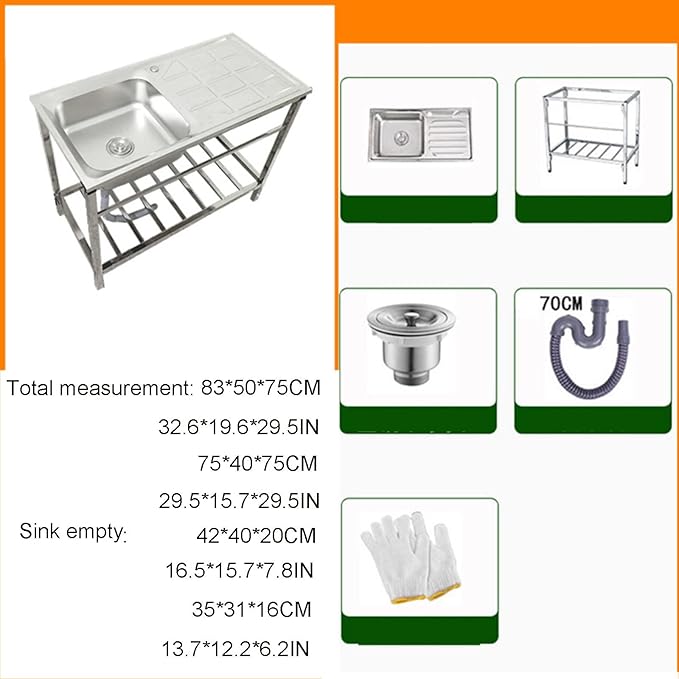 Sink Stainless Steel Kitchen Sink, for Washing Hands, Commercial Restaurant Utility Fish Cleaning Table, for Restaurant, Bar, Laundry, Garage, Backyard,Without Faucet-75 * 40 * 75cm