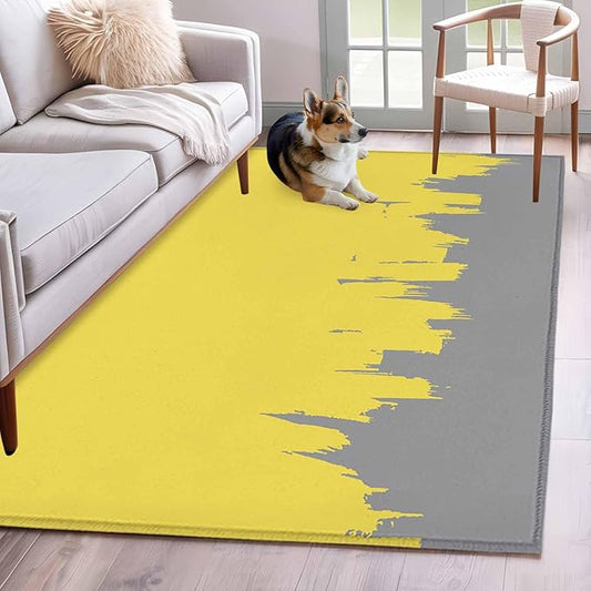 Area Rug 4x6ft, Abstract Yellow Grey Graffiti Washable Rugs for Living Room Bedroom, Oil Painting Artwork Soft Non-Slip Area Rugs Rectangle Floor Carpet for Dining Room