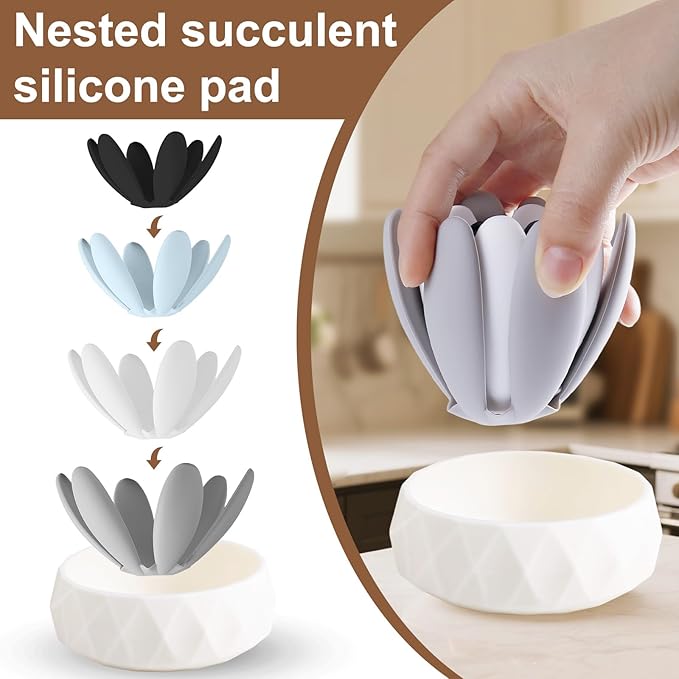 Silicone Succulent Cup Coasters Set of 4, Colorful Trivet Mats, Hot Pads for Pots Pans, Foldable Heat Resistant Coasters with Holder, Multipurpose Kitchen Table Protection (Grey White Navy Blue Blue)