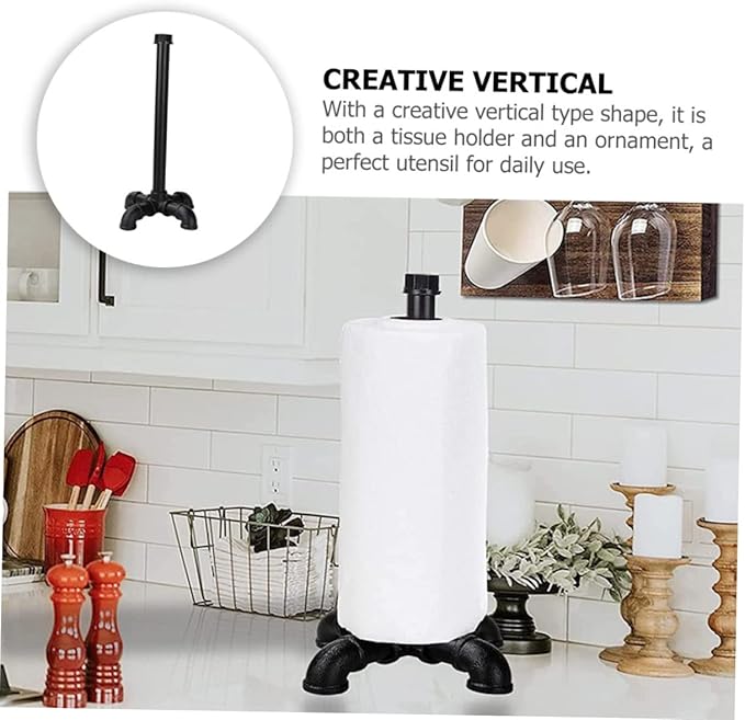 OSALADI Industrial Style Water Pipe Paper Towel Holder Vintage Black Kitchen Tissue Rack Weighted Base Suitable for Home and Restaurant Use