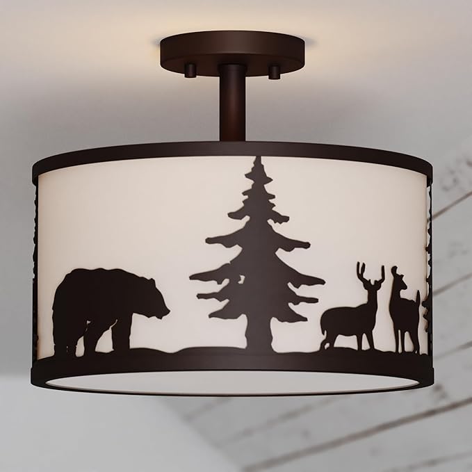 VAXCEL Acadia 13-in W Bronze Rustic Semi Flush Mount Ceiling Light White Linen Deer Tree