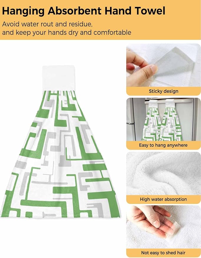 Alandar Home Kitchen Tie Towel Set of 1, Green Gray Stripes on White Absorbent Soft Hand Towels for Bathroom Hanging Towels, Modern Geometric Texture Fast Drying Cleaning Cloth with Loop