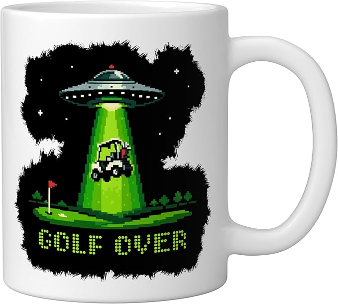 GOLF OVER Retro Funny Pixel Art UFO Abducting Golf-Cart Ceramic Mug, White