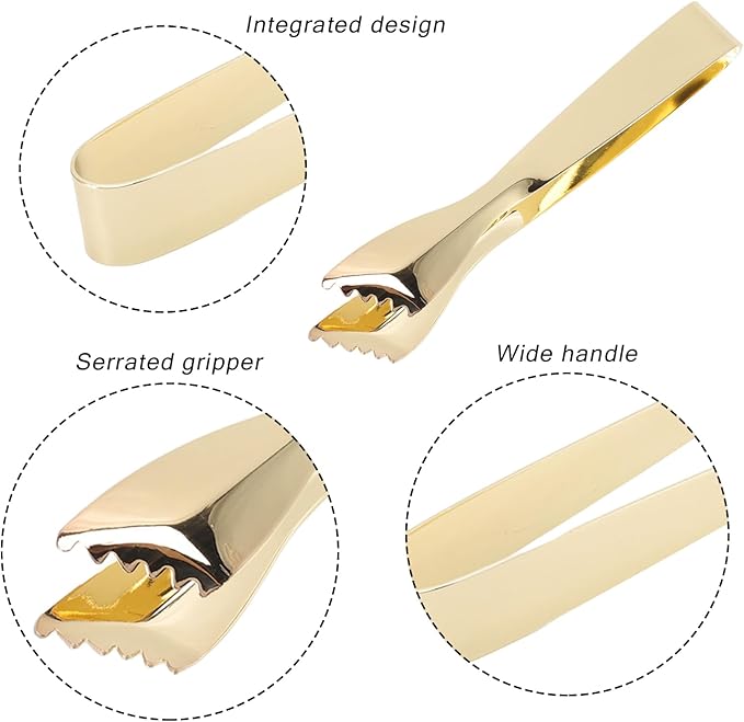 Ice Tongs Food Grade Thicken Stainless Steel Bar Tongs Ice Cube Prevents Slipping Sugar Food Tweezers for Home Kitchen Mirror Party Coffee Bar (Gold Plated)