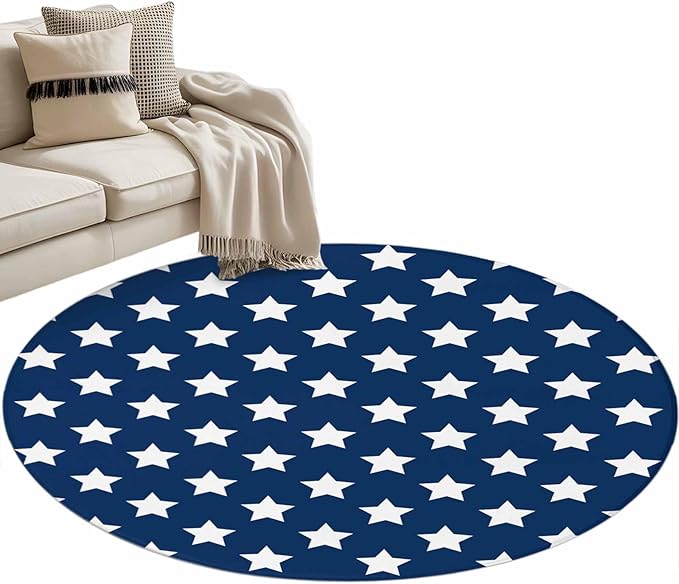 Washable Round Area Rug 4th of July White Star on Navy Blue Circle Rugs Floor Carpet for Living Room Bedroom, Independence Freedom Liberty Soft Non Slip Round Rug 3ft