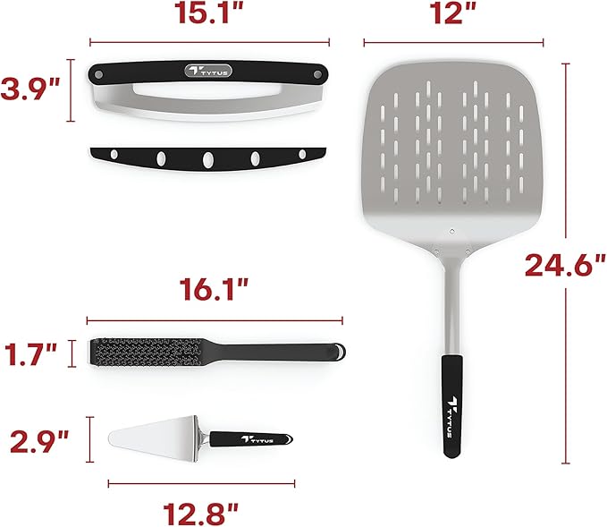 TYTUS Pizza Oven Tool Set 4 Pieces - 12" x 12" Peel, Sharp Rocker, Server & Nylon Stone Brush for Gas Fired Emberwood Pizza Oven