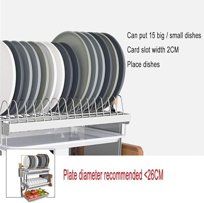 Stainless Steel Dish Rack with Drain Pan - Wall-Mounted 2/3 Layers for Efficient Kitchen Drying and Space-Saving，2 Layer High16in