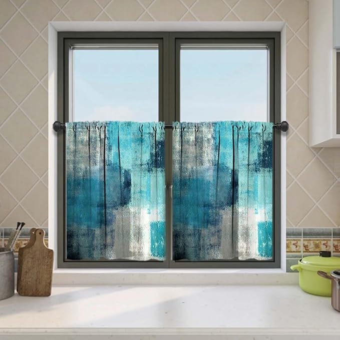 MCALK Turquoise Kitchen Curtains Tiers Set 2 Piece for Windows Grey Kitchen Window Curtains Set,Modern Abstract Art Valances for Living Room(24" Tiers Set)