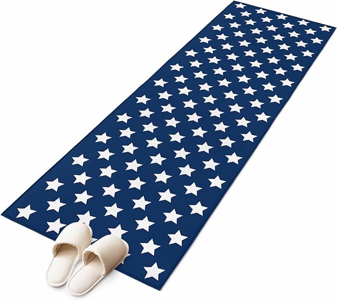 Runner Rug for Bedroom Hallway, 4th of July White Star on Navy Blue Kitchen Runner Rugs Area Rug 2x6ft, Independence Freedom Liberty Washable Soft Floor Carpet for Entryway Stair