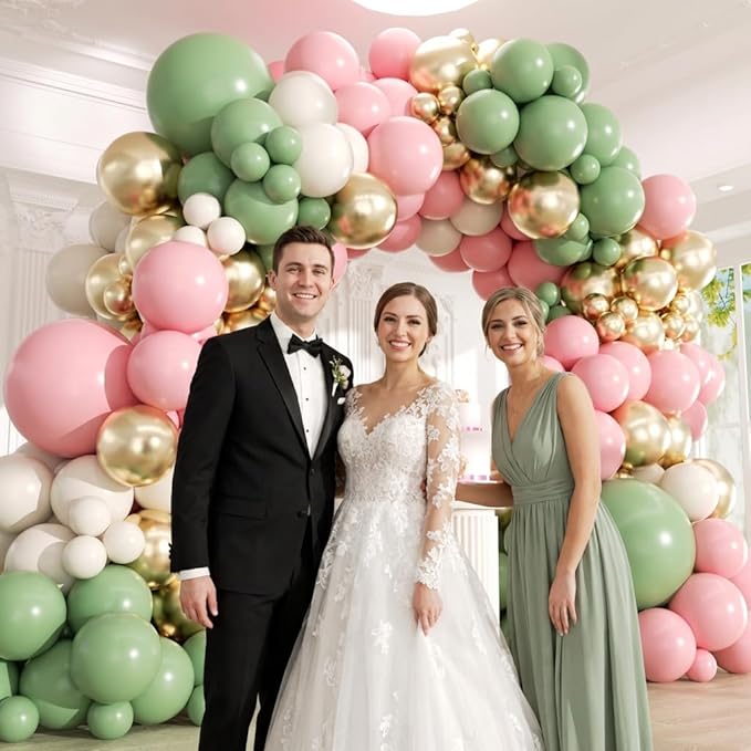 Pink and Green Balloons Arch Kit -153Pcs Sage Green and Pink White Sand Gold Different Size Balloons Garland Kit for Girl Baby Shower Wedding Birthday Jungle Safari Woodland Party Decorations