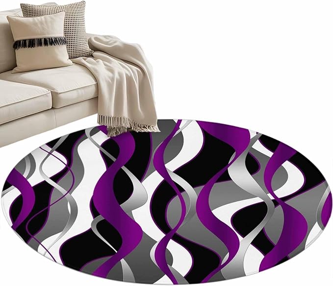 Washable Round Area Rug Abstract Purple Gray Black White Stripes Circle Rugs Floor Carpet for Living Room Bedroom, Modern Lines Soft Non Slip Round Rug 3ft