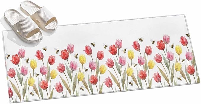 Runner Rug for Bedroom Hallway, Red Pink Yellow Tulips Bees Kitchen Runner Rugs Area Rug 2x6ft, Watercolor Flower Leaves Washable Soft Floor Carpet for Entryway Stair