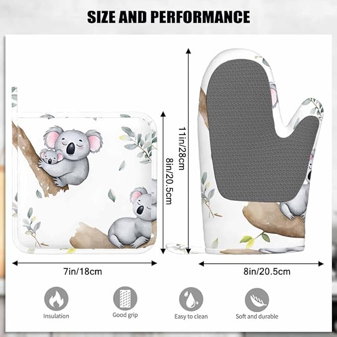 Mxocom Cute Koalas Oven Mitts and Pot Holders Sets Kawaii Baby Koala Mom Koala Tropical Leaves Silicone Heat Resistant Kitchen Oven Gloves Pot Holder for Cooking