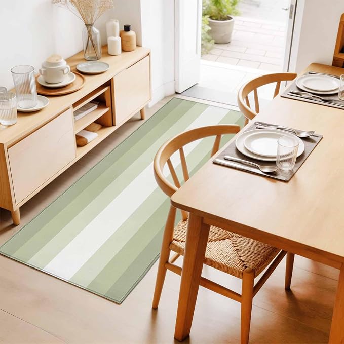 Runner Rug for Bedroom Hallway, Modern Sage Green Gradient Style Kitchen Runner Rugs Area Rug 2x6ft, Farmhouse Ombre Stripe Washable Soft Floor Carpet for Entryway Stair
