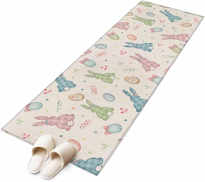 Runner Rug for Bedroom Hallway, Happy Easter Cute Plaid Bunny Kitchen Runner Rugs Area Rug 2x6ft, Colorful Egg Leaves Farm Linen Washable Soft Floor Carpet for Entryway Stair