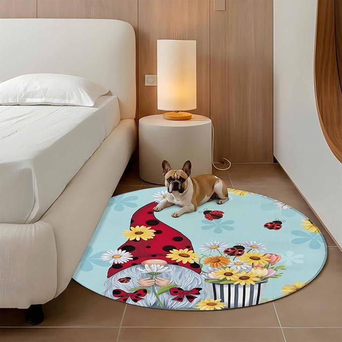 Washable Round Area Rug Summer Ladybug Gnome Daisy Flower Circle Rugs Floor Carpet for Living Room Bedroom, Watercolor Bloom Floral on Blue Soft Non Slip Round Rug 5ft