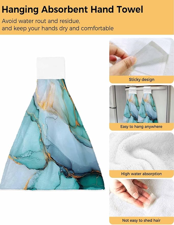 Alandar Home Kitchen Tie Towel Set of 1, Teal Green Turquoise Gold Marble Texture Absorbent Soft Hand Towels for Bathroom Hanging Towels, Abstract Modern Art Fast Drying Cleaning Cloth with Loop