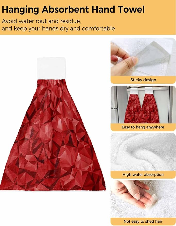 Alandar Home Kitchen Tie Towel Set of 1, Red Geometric Stereotypic Art Absorbent Soft Hand Towels for Bathroom Hanging Towels, Abstract Modern Patterns Fast Drying Cleaning Cloth with Loop