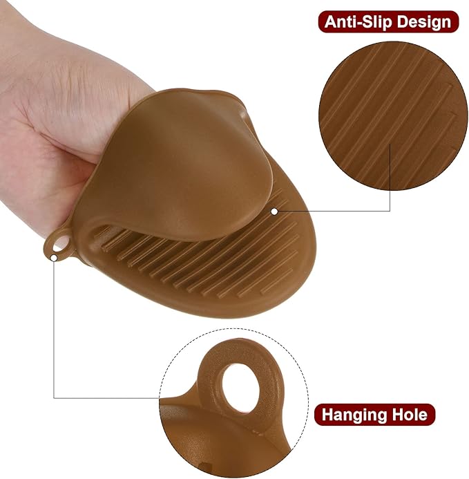 HARFINGTON 4pcs Thickened Mini Oven Gloves, Heat Resistant Silicone Oven Mitts Finger Pinch Grips Pot Holder for Kitchen, Cooking, Baking, BBQ Heat Resistant Gloves, Brown