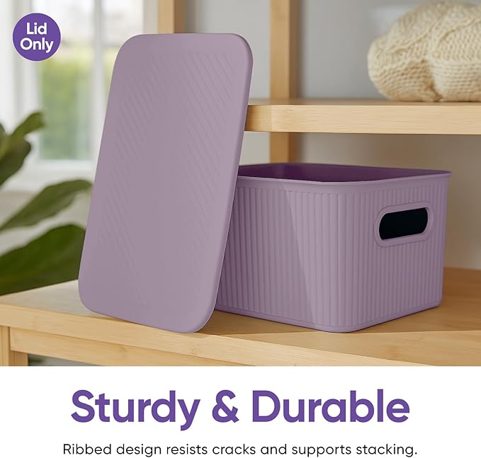 Superio Ribbed Collection - Decorative Plastic Basket Open Home Storage Bins Organizer, Lilac (Parent) Container Boxes for Organizing Closet Storage Bins for Shelves (Lid - Medium (5 Liter), 4 Pack)