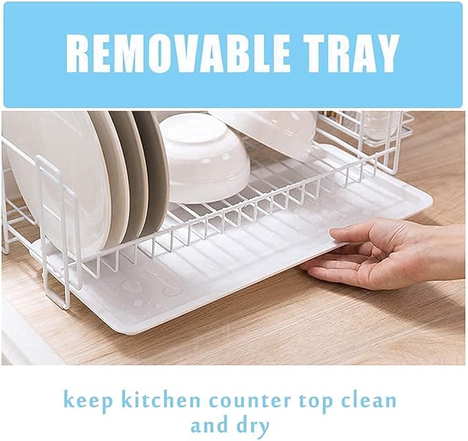 Anti Rust Dish Drainer Rack Anti-Rust Set with Removable Drain Board and Glass Holder for Kitchen Counter Top 2 Layer Modern Organizer Cutlery Basket Drain Shelf
