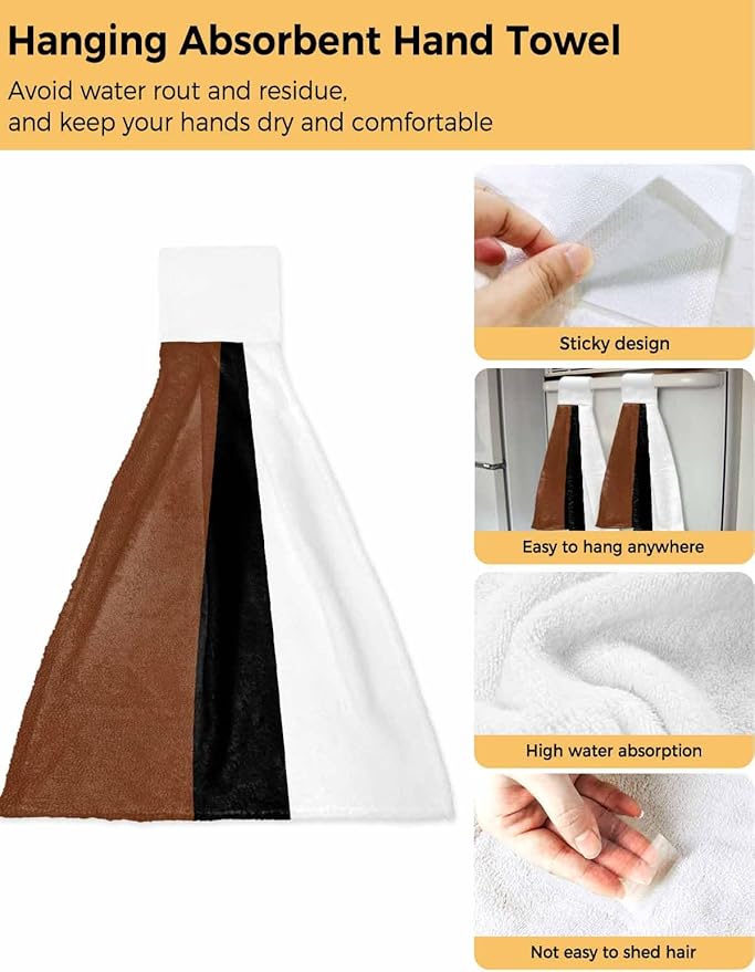 Kitchen Tie Towel Set of 2, Rustic Modern Minimalist Color Block Absorbent Soft Hand Towels for Bathroom Hanging Towels, Leather Texture Brown Black White Fast Drying Cleaning Cloth with Loop