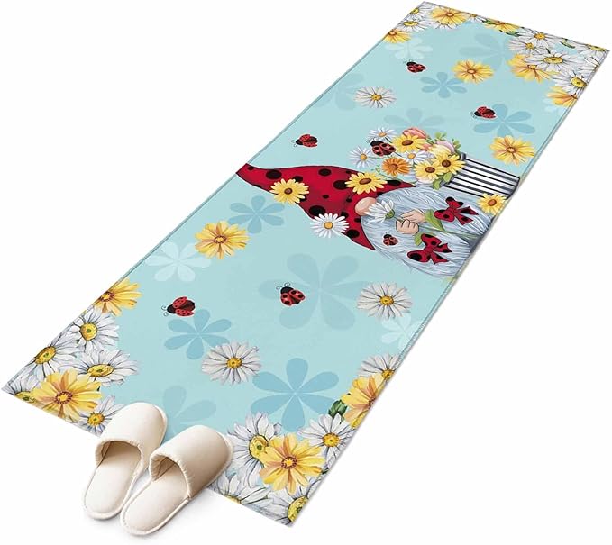 Runner Rug for Bedroom Hallway, Summer Ladybug Gnome Daisy Flower Kitchen Runner Rugs Area Rug 2x6ft, Watercolor Bloom Floral on Blue Washable Soft Floor Carpet for Entryway Stair