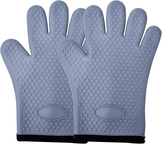 Silicone Oven Mitts Heat,1 Pair Non-Slip Five-Finger Oven Gloves, Waterproof Flexible BBQ Grilling Gloves with Hanging Loops, Kitchen Mitts for Baking Cooking Frying (Gray)