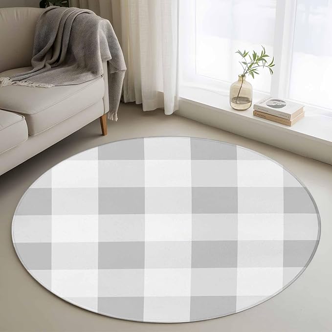 Washable Round Area Rug Light Grey White Plaid Circle Rugs Floor Carpet for Living Room Bedroom, Farmhouse Decoration Buffalo Check Soft Non Slip Round Rug 3ft