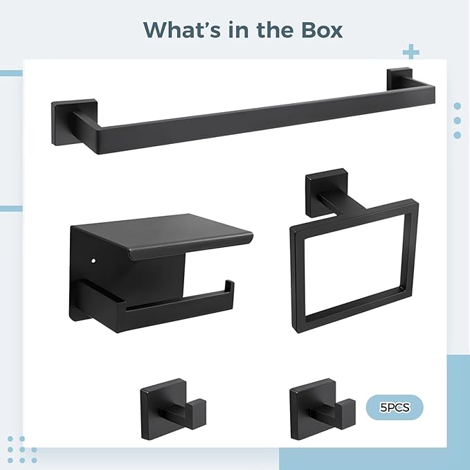 Bath Fixtures, Steel, 5-Piece, Includes Paper Holder, Bar, Ring, Hook, Black Matte Finish, Contemporary, Easy To Mount, Stainless Steel Storage