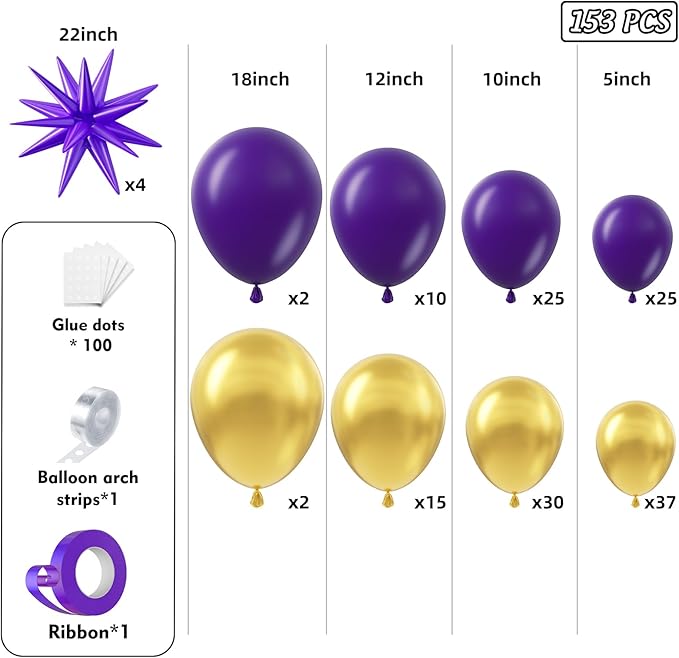 Purple and Gold Balloon Arch Garland Kit 153pcs with Star, 2026 New Year's Dark Purple Metallic Gold Violet Royal Balloons for Adults Prom Luxury Decorations Graduation Birthday Baby Shower