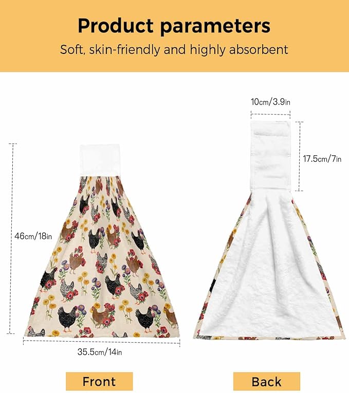 Alandar Home Kitchen Tie Towel Set of 2, Farm Chicken Colorful Poppy Absorbent Soft Hand Towels for Bathroom Hanging Towels, Spring Floral on Beige Fast Drying Cleaning Cloth with Loop