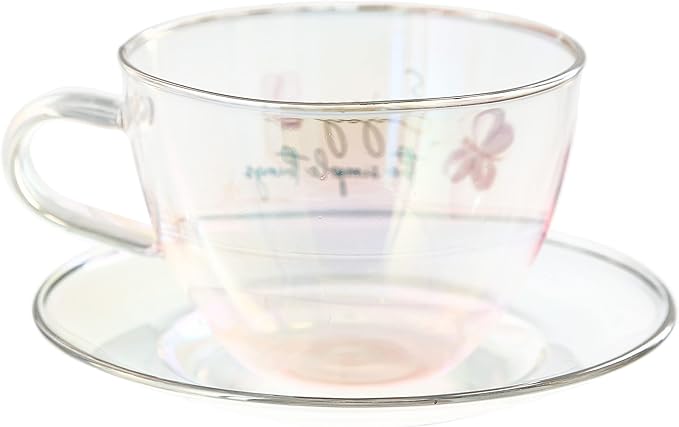 Pavilion Gift Company - Enjoy The Simple Things - 7-ounce Glass Teacup with Saucer Set, Iridescent Coffee Cup, Butterfly Teacup, 1 Count - Pack of 2