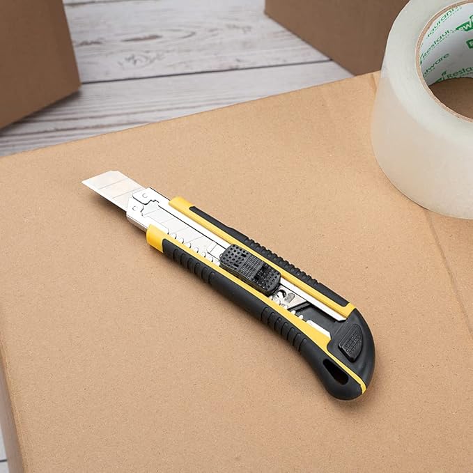 Handy Tek 6.7 Inch Utility Knives, 4 Heavy Duty Box Knives - Retractable, Built-In Lock, Yellow Plastic Box Cutters, Sharp Blade, For Opening Boxes And Packages - Restaurantware