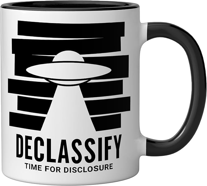 UFO Declassify Disclosure Government Secrets Flying Saucer Ceramic Mug, Black/White