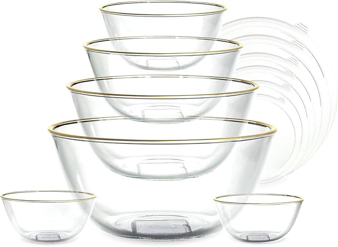 COOK WITH COLOR 12 Pc Glass Mixing Bowl Set with Lids – Borosilicate Glass Nesting Bowls for Cooking, Baking and Meal Prep, Gold Rim