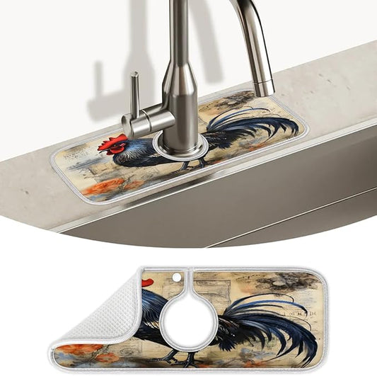 Rooster Watercolor Flowers Kitchen Sink Splash Guard Absorbent Fast Drying Mat Sink Gadgets Washable Sink Matt for Kitchen Faucet Splash Guard