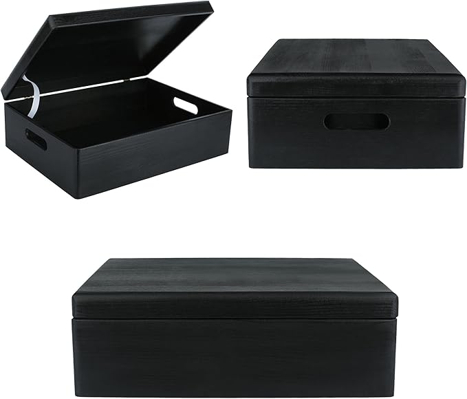 Creative Deco XL Black Wooden Box Storage with Hinged Lid | 15.8x11.8x5.5in (+-0.5) | Keepsake with Handles | Gift Box for Tool Dog Toy Kitchen Storage | Wood Chest Trunk