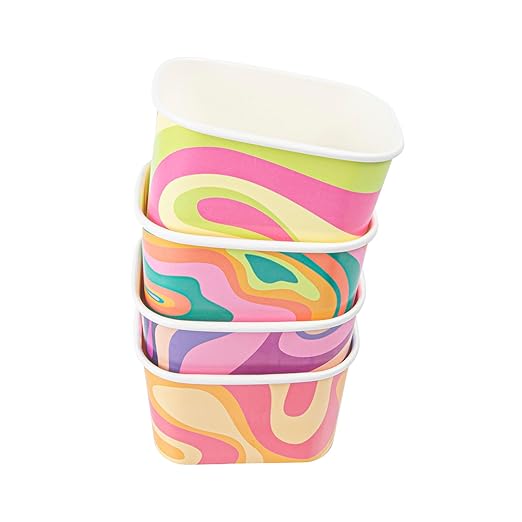 Restaurantware Paper Cups 200 Count 12 Ounce Square Disposable Ice Cream Containers, Leak-Resistant Paper Dessert To Go Cups, Hot And Cold Food, Durable Assorted Groovy Design