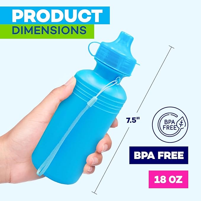4E's Novelty 22 Pack Water Sports Bottles for Kids Bulk, 18 oz Squeeze Reusable Plastic Neon Colors BPA Free Bike Water Bottles, Party Favor, End of Year Student Gifts from Teacher