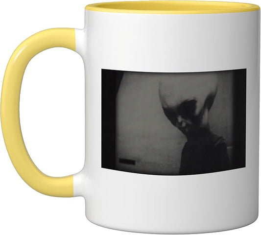 Skinny Bob Alien 1961 KGB Video Real Alien Grey Ceramic Mug, Yellow/White