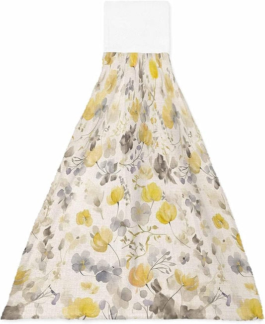 Alandar Home Kitchen Tie Towel Set of 1, Pastoral Yellow Grey Flowers Absorbent Soft Hand Towels for Bathroom Hanging Towels, Floral Branch on Rustic Linen Fast Drying Cleaning Cloth with Loop