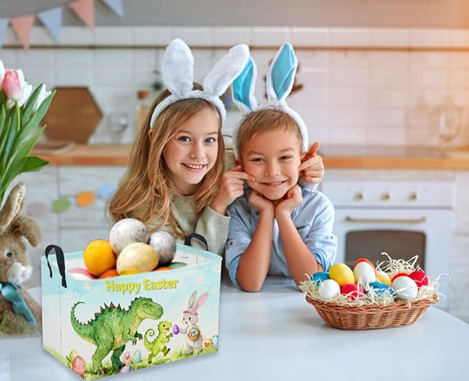 Sanjiaofeng Rectangular Easter Dinosaur Basket Dinosaur Storage Bins,Cute Storage Basket with Handles.Clothers,Books,Kid's Gifts Bins. (Dinosaur family)