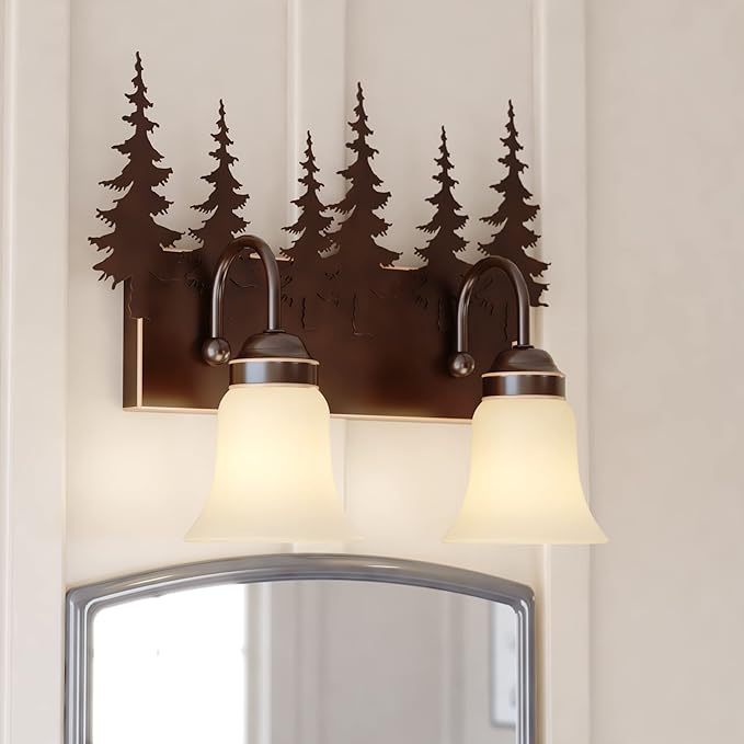 VAXCEL Yosemite 2-Light 16.75 inch Wide Burnished Bronze Rustic Cabin Bathroom Vanity Lighting Fixture, Amber Flake Glass Shade, Tree Motif, Dimmable, LED Compatible, Over the Mirror Wall Mounted